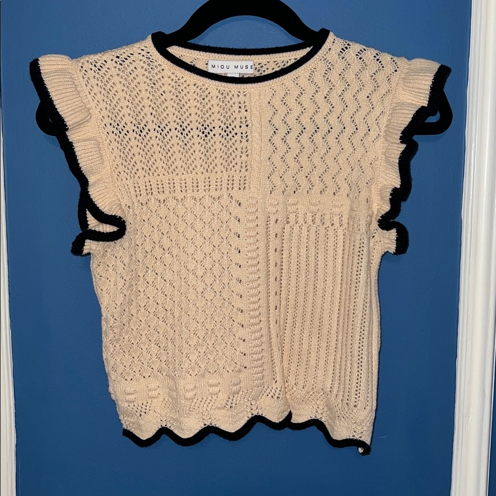 Miou Muse Crochet Knit Sweater Vest Cream Ruffle Hem - Size S